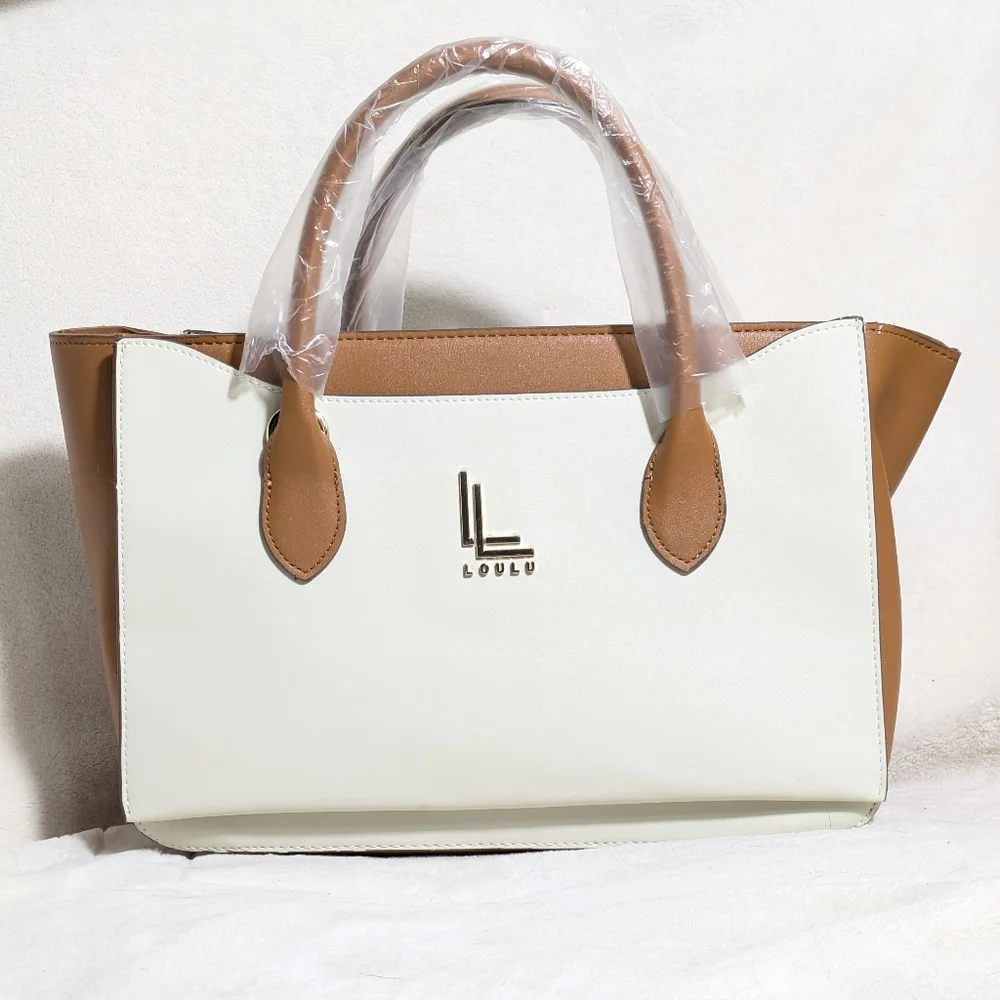NWOT Loulu‎ Cream Brown Purse Tote Vegan Leather Detachable Crossbody Strap